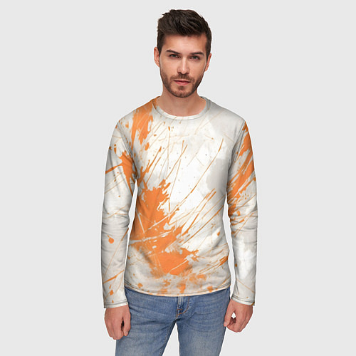 Мужской лонгслив Оранжевая краска на белом / 3D-принт – фото 3