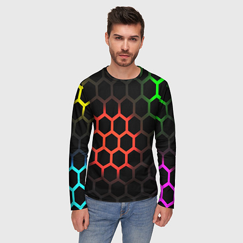 Мужской лонгслив Hexagon neon / 3D-принт – фото 3