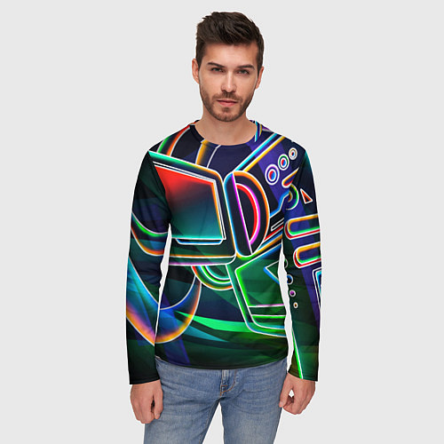 Мужской лонгслив Неоновая психоделика геймер / 3D-принт – фото 3