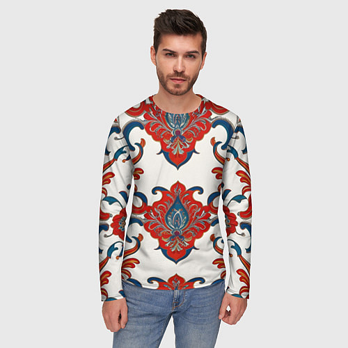 Мужской лонгслив Узор красно-синий на белом фоне / 3D-принт – фото 3