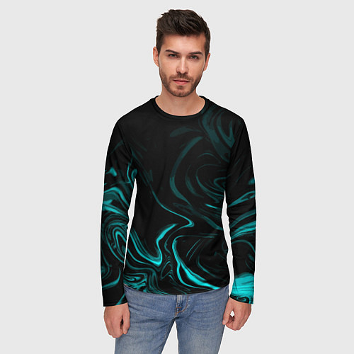 Мужской лонгслив Чёрный с бирюзовыми разводами абстракция / 3D-принт – фото 3