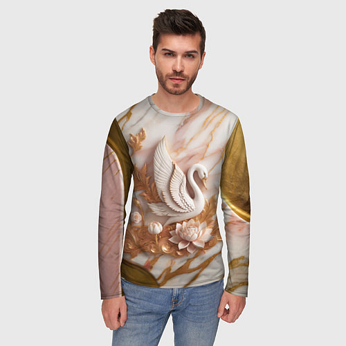 Мужской лонгслив Фарфоровый лебедь и лотос на розовом мраморе / 3D-принт – фото 3