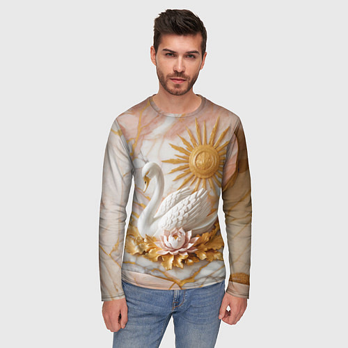 Мужской лонгслив Фарфоровый лебедь и солнце на розовом мраморе / 3D-принт – фото 3