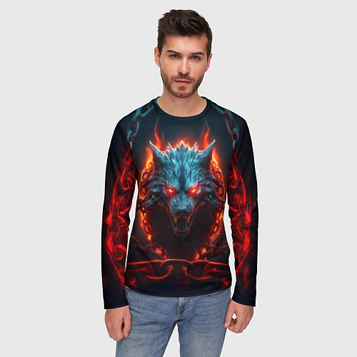 Мужской лонгслив Агрессивный волк в цепях / 3D-принт – фото 3