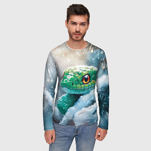 Мужской лонгслив Зеленая змейка на заснеженной ветке / 3D-принт – фото 3