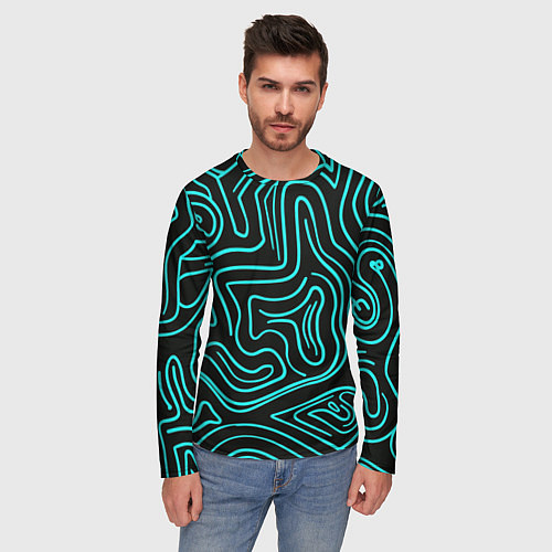 Мужской лонгслив Абстракция из бирюзовых полос / 3D-принт – фото 3