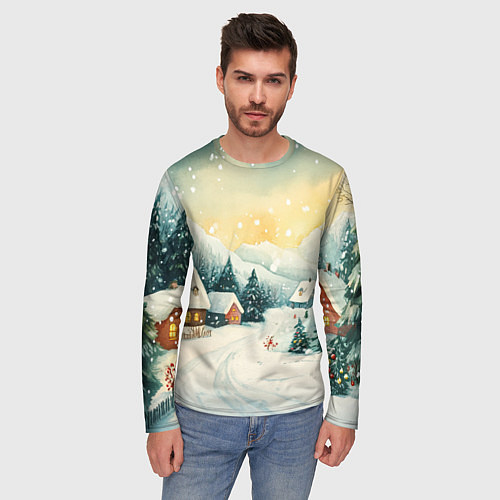 Мужской лонгслив Праздничная деревушка / 3D-принт – фото 3
