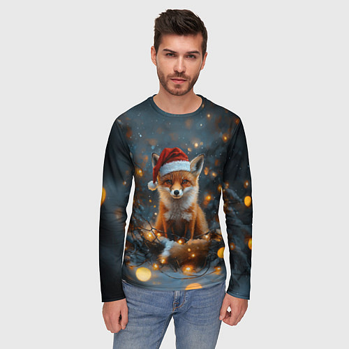 Мужской лонгслив Новогодняя лисица в праздничном лесу / 3D-принт – фото 3