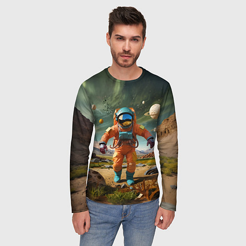 Мужской лонгслив Космонавт в оранжевом костюме / 3D-принт – фото 3