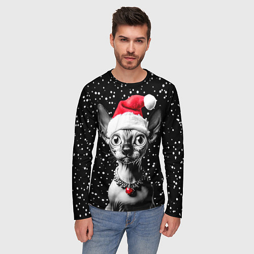 Мужской лонгслив Сфинкс в шапке Санты / 3D-принт – фото 3