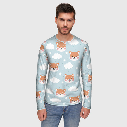 Мужской лонгслив Узор сибу ину и облака / 3D-принт – фото 3