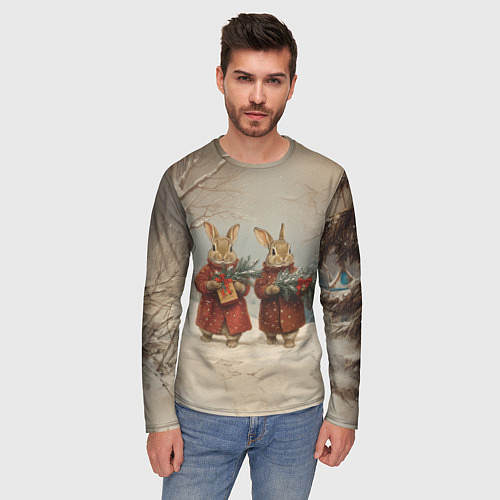 Мужской лонгслив Зайцы с новогодними подарками / 3D-принт – фото 3
