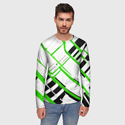 Лонгслив мужской Зелёно-чёрные полосы на белом фоне, цвет: 3D-принт — фото 2