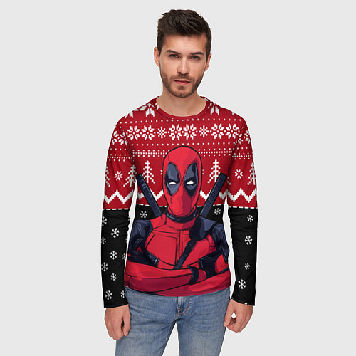 Мужской лонгслив Дэдпул новогодний узор / 3D-принт – фото 3