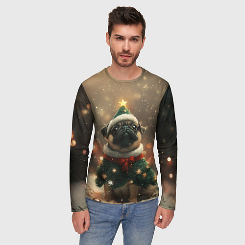 Мужской лонгслив Мопс в костюме елки / 3D-принт – фото 3