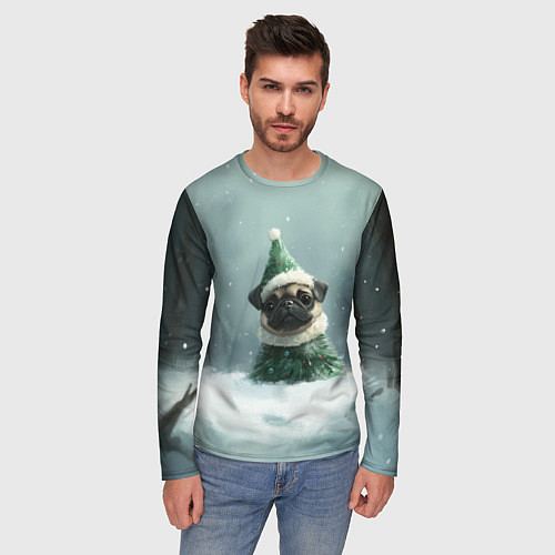 Мужской лонгслив Маленький новогодний мопс / 3D-принт – фото 3