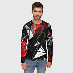 Лонгслив мужской Красно-белые рельефные треугольники на чёрном фоне, цвет: 3D-принт — фото 2