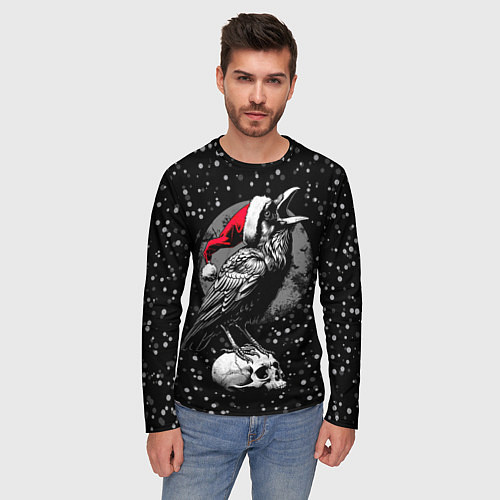 Мужской лонгслив Кричащий ворон в шапке Санты / 3D-принт – фото 3