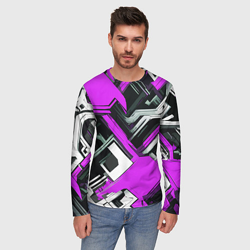 Мужской лонгслив Бело-фиолетовый техно паттерн на чёрном фоне / 3D-принт – фото 3