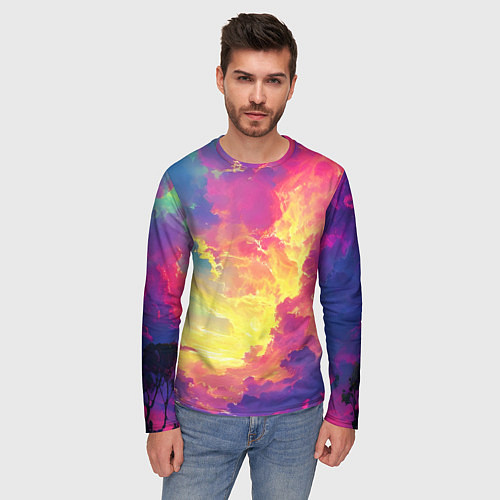 Мужской лонгслив Розовые облака на синем небе / 3D-принт – фото 3