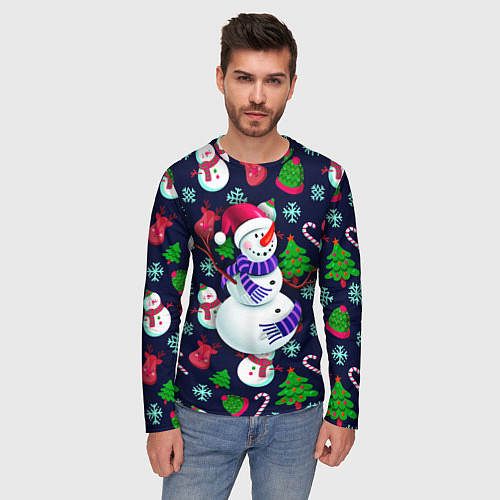 Мужской лонгслив Праздничный снеговик паттерн / 3D-принт – фото 3