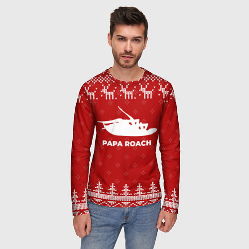Мужской лонгслив Новогодний Papa Roach с оленями / 3D-принт – фото 3