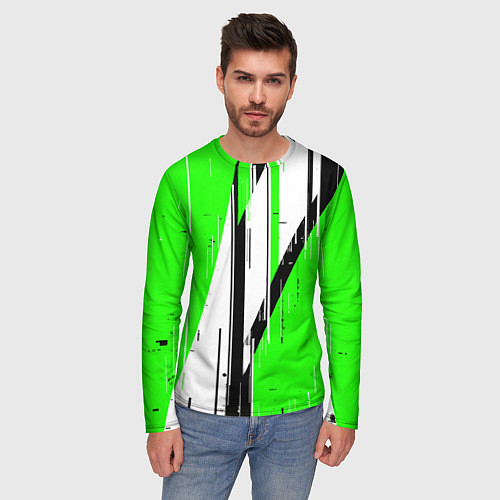 Мужской лонгслив Black and white vertical stripes on a green backgr / 3D-принт – фото 3