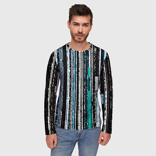 Мужской лонгслив Полосатый сине-зелёный рваные полосы / 3D-принт – фото 3