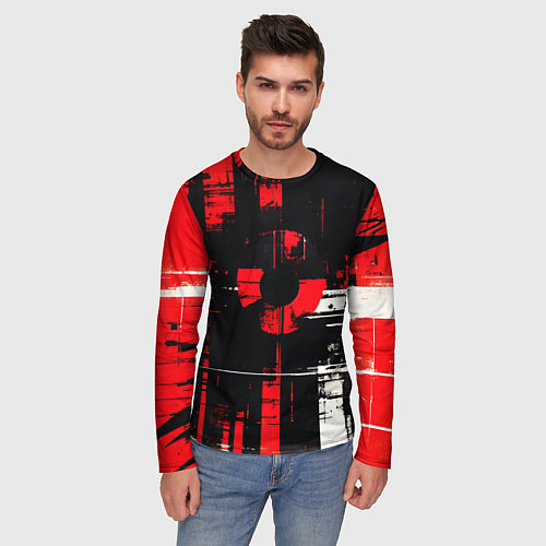 Мужской лонгслив Красно-белый гранж на чёрном фоне / 3D-принт – фото 3
