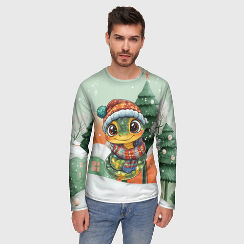 Мужской лонгслив Новогодняя змейка в шарфике / 3D-принт – фото 3