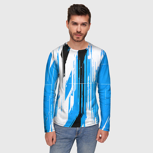 Мужской лонгслив Вертикальные чёрно-белые линии на синем фоне / 3D-принт – фото 3