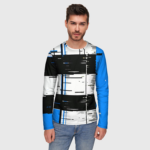Мужской лонгслив Синие и чёрные полосы на белом фоне / 3D-принт – фото 3