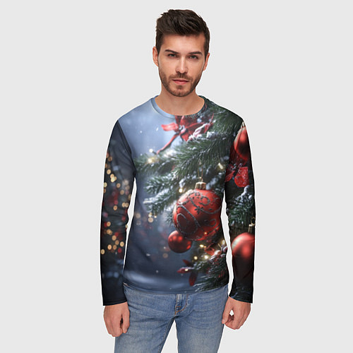 Мужской лонгслив Красные новогодние шары с узорами / 3D-принт – фото 3