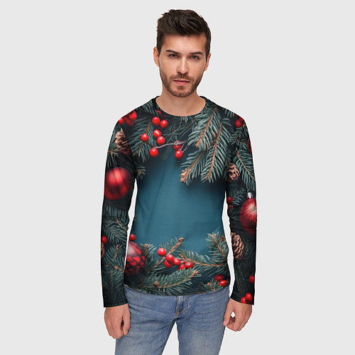 Мужской лонгслив Новогодний фон и рябина / 3D-принт – фото 3