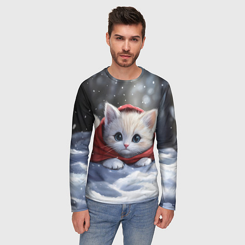 Мужской лонгслив Новогодняя кошечка на снегу / 3D-принт – фото 3