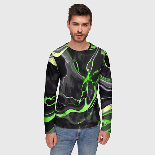 Мужской лонгслив Зелёно-чёрный мрамор / 3D-принт – фото 3