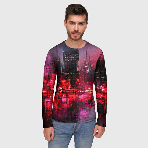 Мужской лонгслив Огни города мастихином - нейросеть / 3D-принт – фото 3