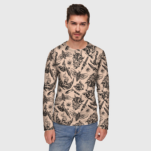 Мужской лонгслив Татуировка с цикадой и демоном Они - паттерн / 3D-принт – фото 3
