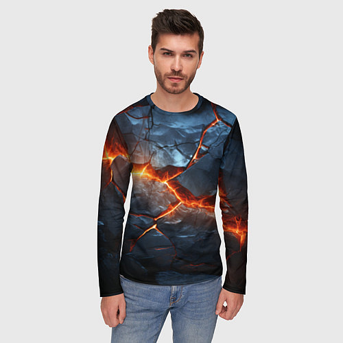 Мужской лонгслив Черная треснутая плита - текстура / 3D-принт – фото 3