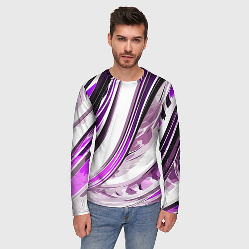 Мужской лонгслив Волнистая бело-фиолетовая абстракция / 3D-принт – фото 3