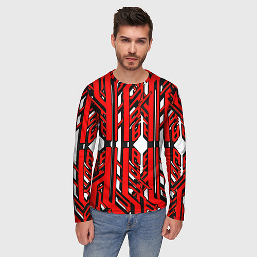 Мужской лонгслив Чёрно-красные техно полосы на белом фоне / 3D-принт – фото 3
