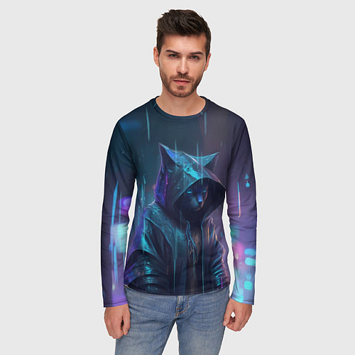 Мужской лонгслив Чёрный кот под дождём / 3D-принт – фото 3