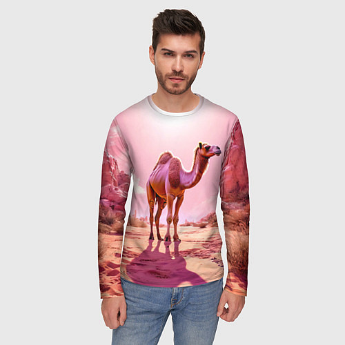 Мужской лонгслив Верблюд в розовой пустыне / 3D-принт – фото 3