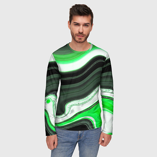 Мужской лонгслив Волнистые горизонтальные чёрно-зелёные полосы на б / 3D-принт – фото 3