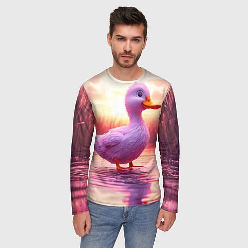 Мужской лонгслив Уточка на розовом озере / 3D-принт – фото 3