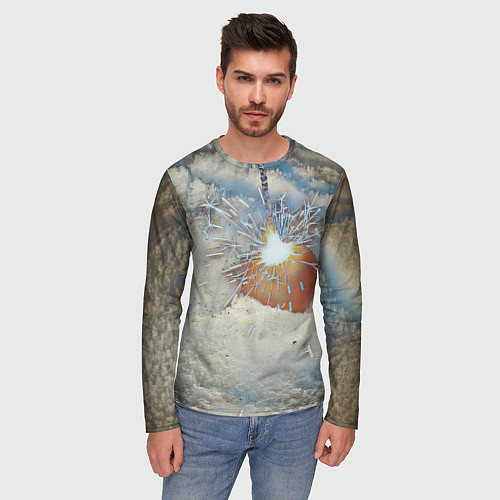 Мужской лонгслив Искрящийся мандарин на снегу / 3D-принт – фото 3
