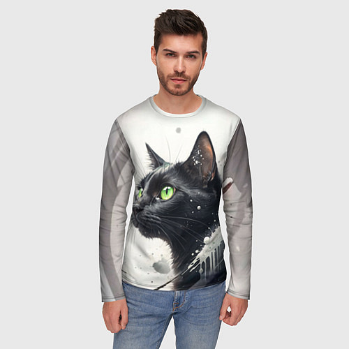 Мужской лонгслив Черная кошка с зелеными глазами / 3D-принт – фото 3