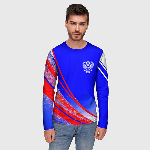Мужской лонгслив Герб России на фоне цветов флага государства / 3D-принт – фото 3