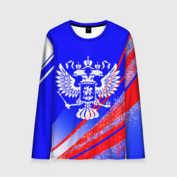 Мужской лонгслив Герб России на фоне цветов флага синий