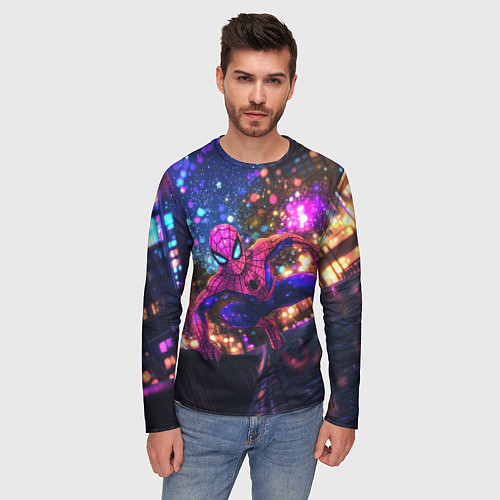 Мужской лонгслив Человек-паук и фиолетовый свет / 3D-принт – фото 3